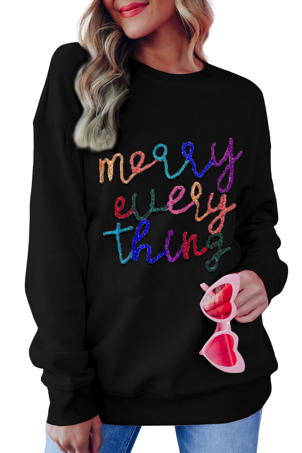 Red Tinsel Merry & Bright Graphic Contrast Trim Sweater