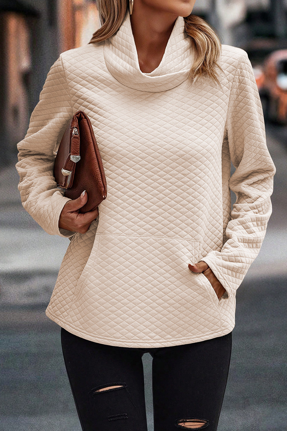 Brown Solid Color Quilted Puff Sleeve Pullover Sweatshirt