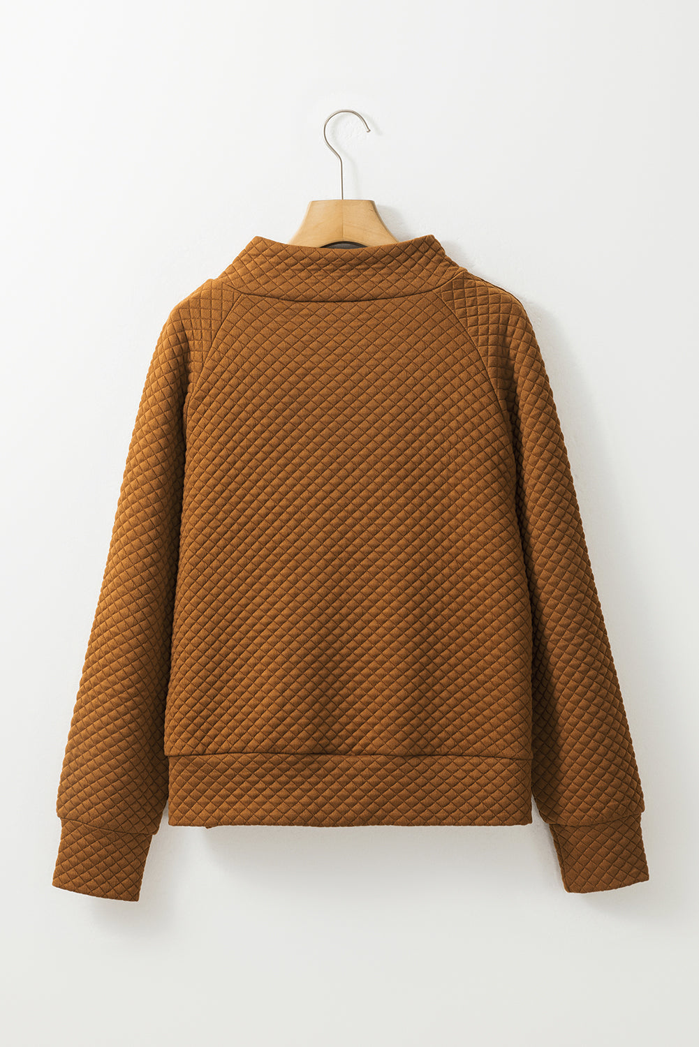 Brown Solid Color Quilted Puff Sleeve Pullover Sweatshirt