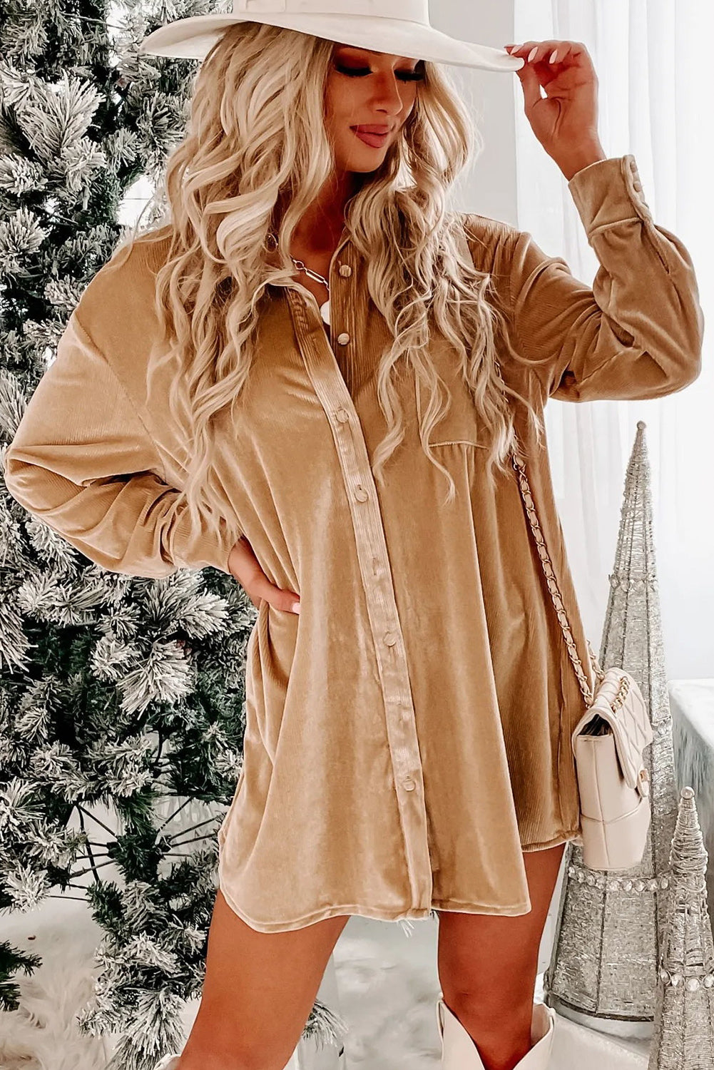 Flaxen Velvet Button Front Shirt Mini Dress