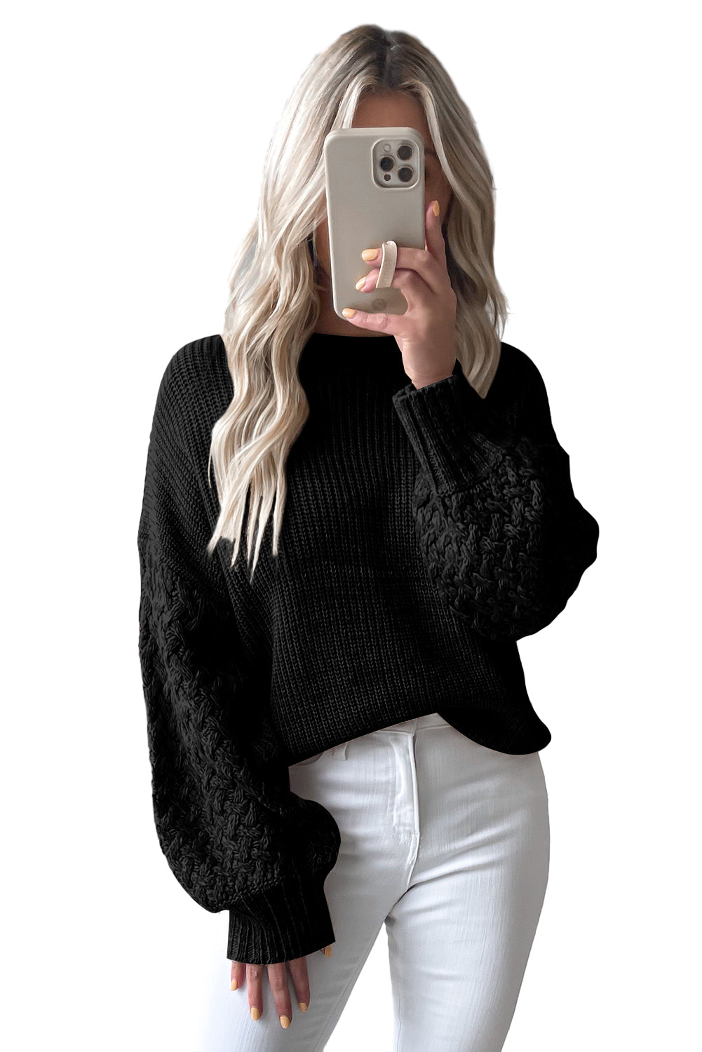 Parchment Cable Knit Sleeve Drop Shoulder Sweater