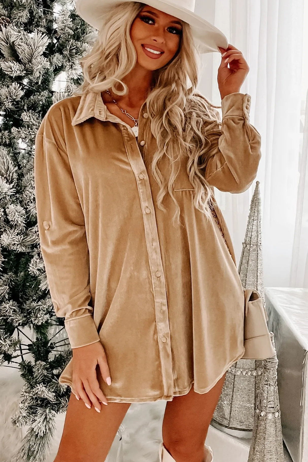 Flaxen Velvet Button Front Shirt Mini Dress