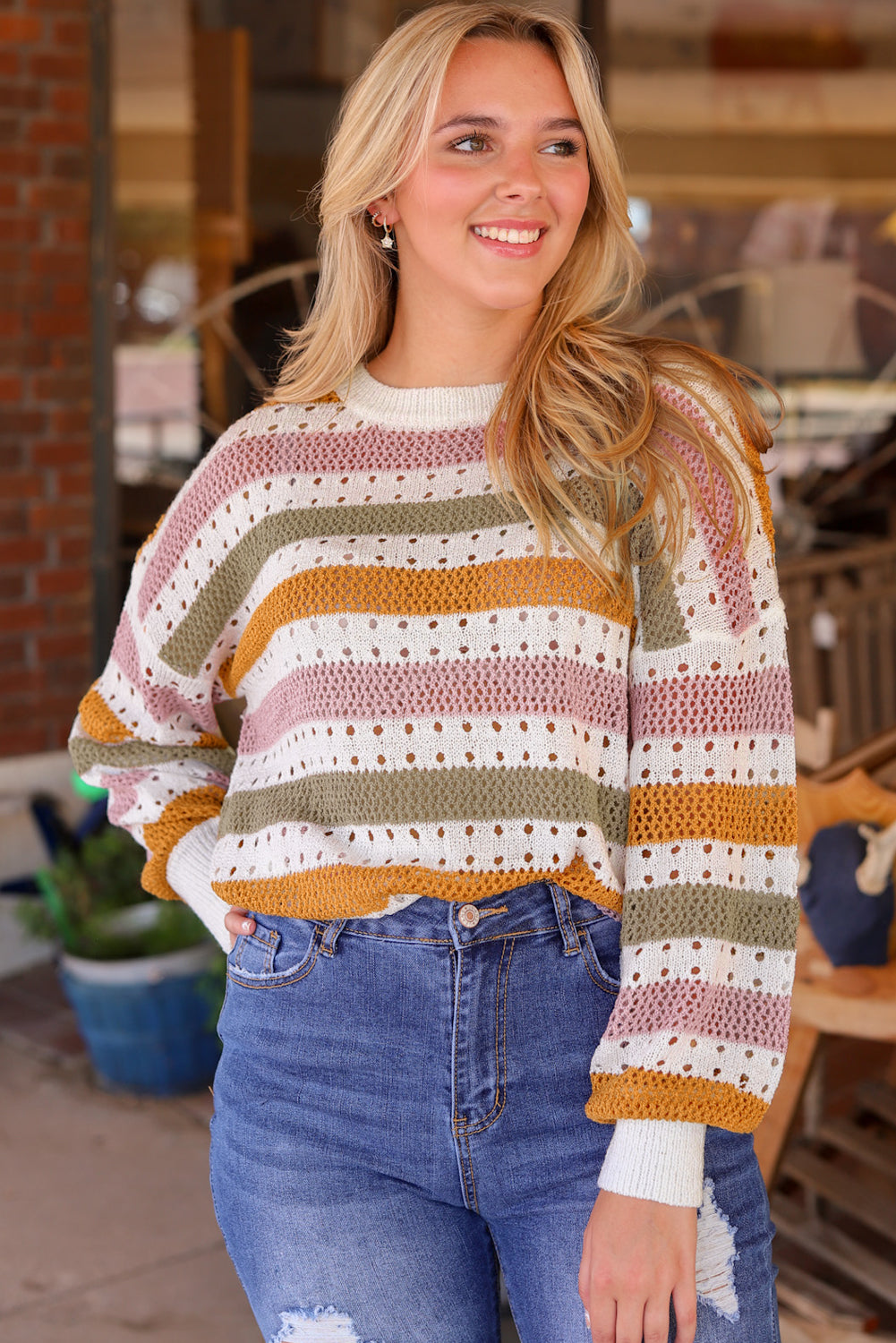 Striped Hollowed Knitted Loose Sweater