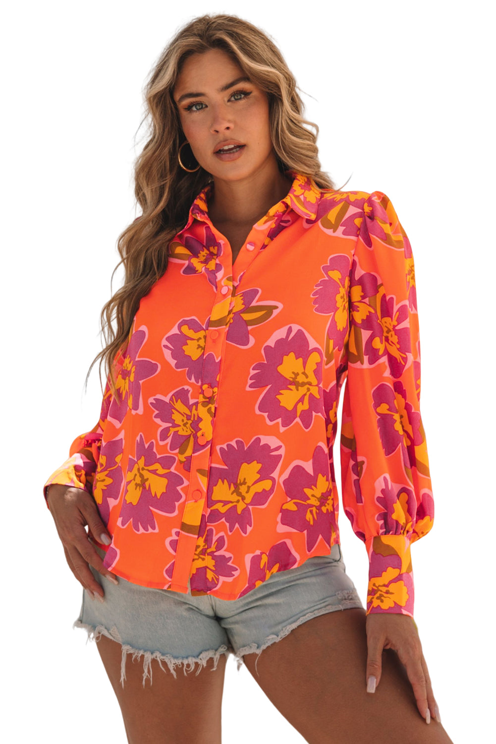 Floral Print Lantern Sleeve Shirt