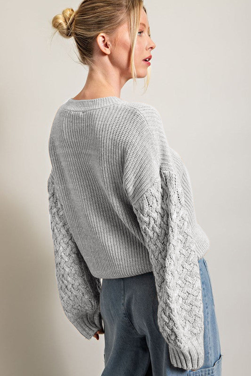 Sea Green Cable Knit Sleeve Drop Shoulder Sweater