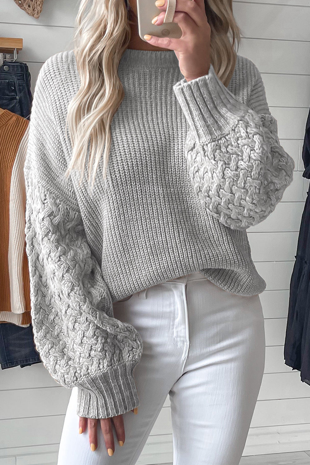 Sea Green Cable Knit Sleeve Drop Shoulder Sweater