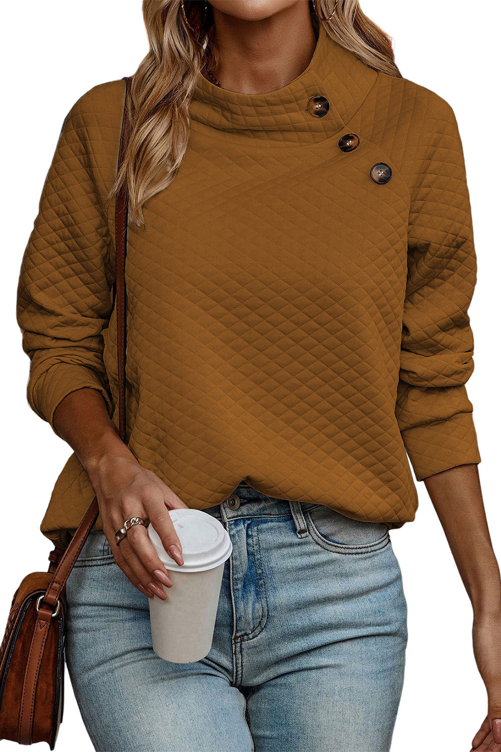 Brown Solid Color Quilted Puff Sleeve Pullover Sweatshirt