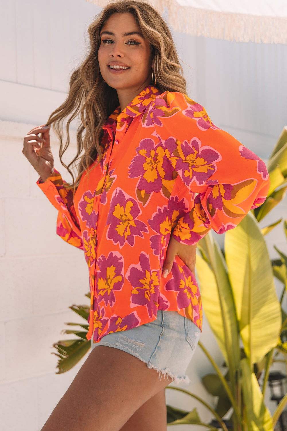 Floral Print Lantern Sleeve Shirt