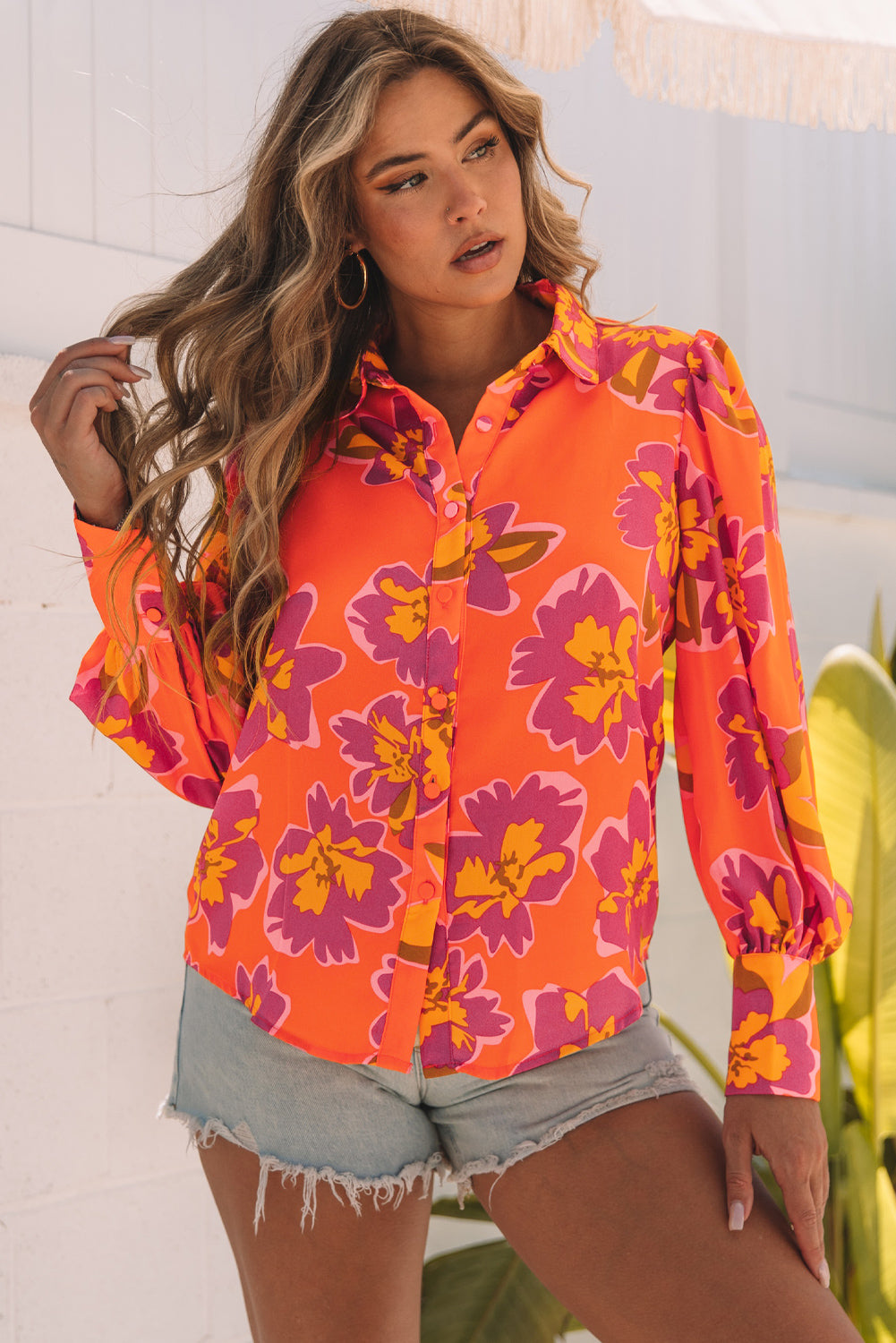 Floral Print Lantern Sleeve Shirt