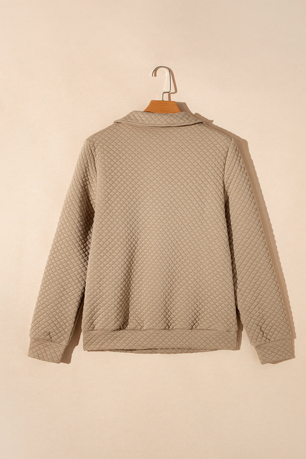 Brown Solid Color Quilted Puff Sleeve Pullover Sweatshirt