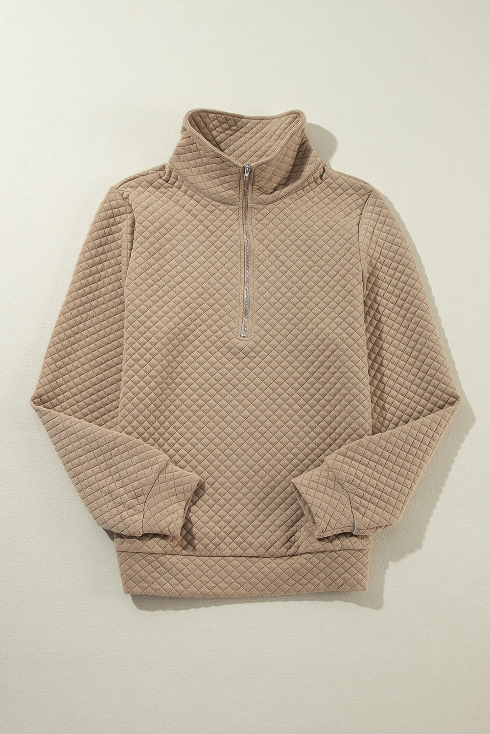 Brown Solid Color Quilted Puff Sleeve Pullover Sweatshirt