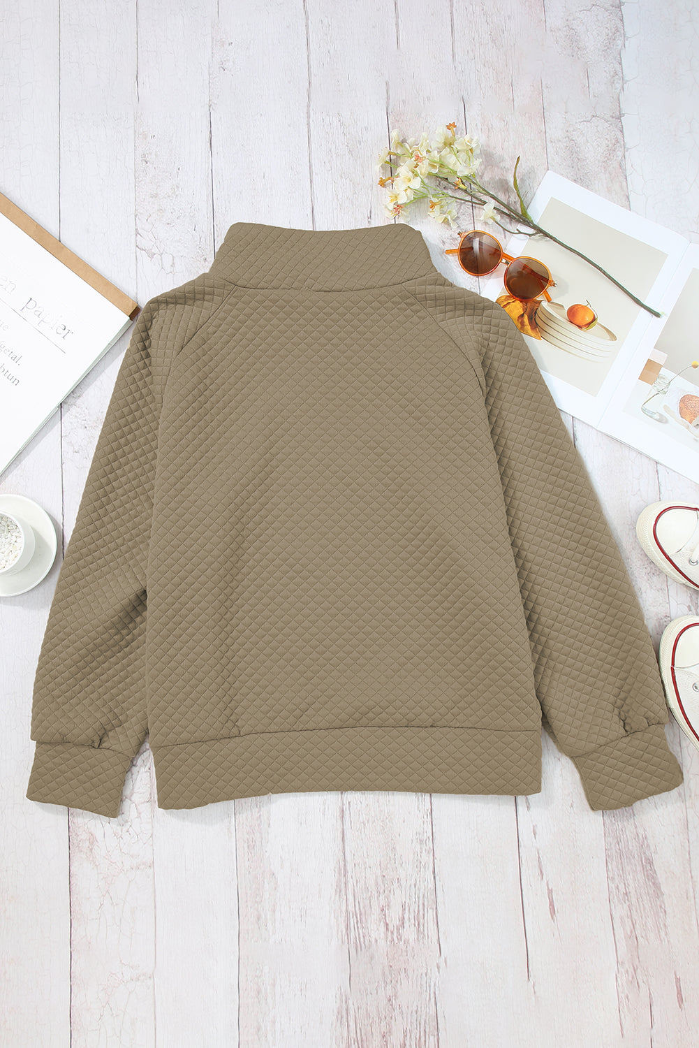 Brown Solid Color Quilted Puff Sleeve Pullover Sweatshirt