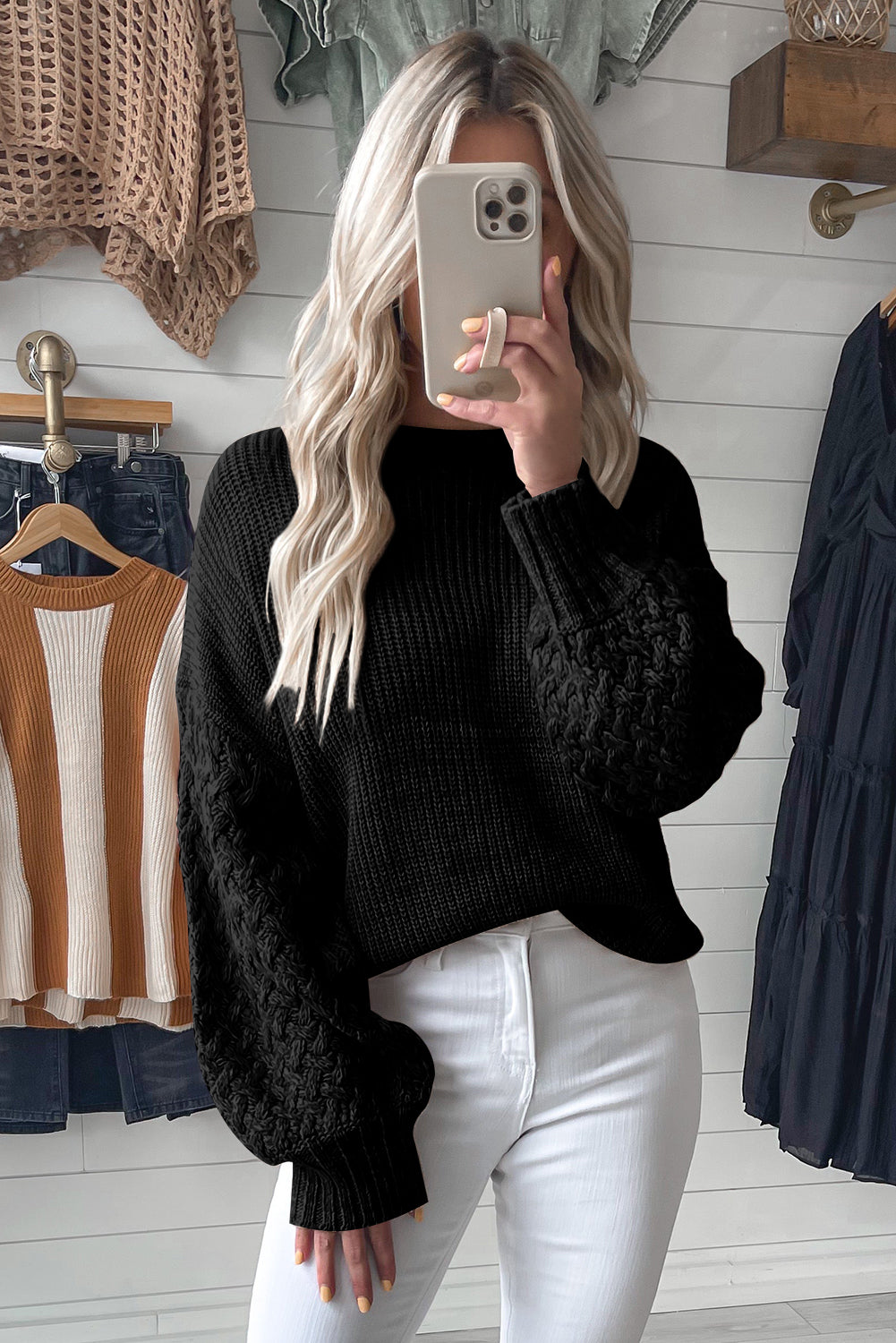 Parchment Cable Knit Sleeve Drop Shoulder Sweater