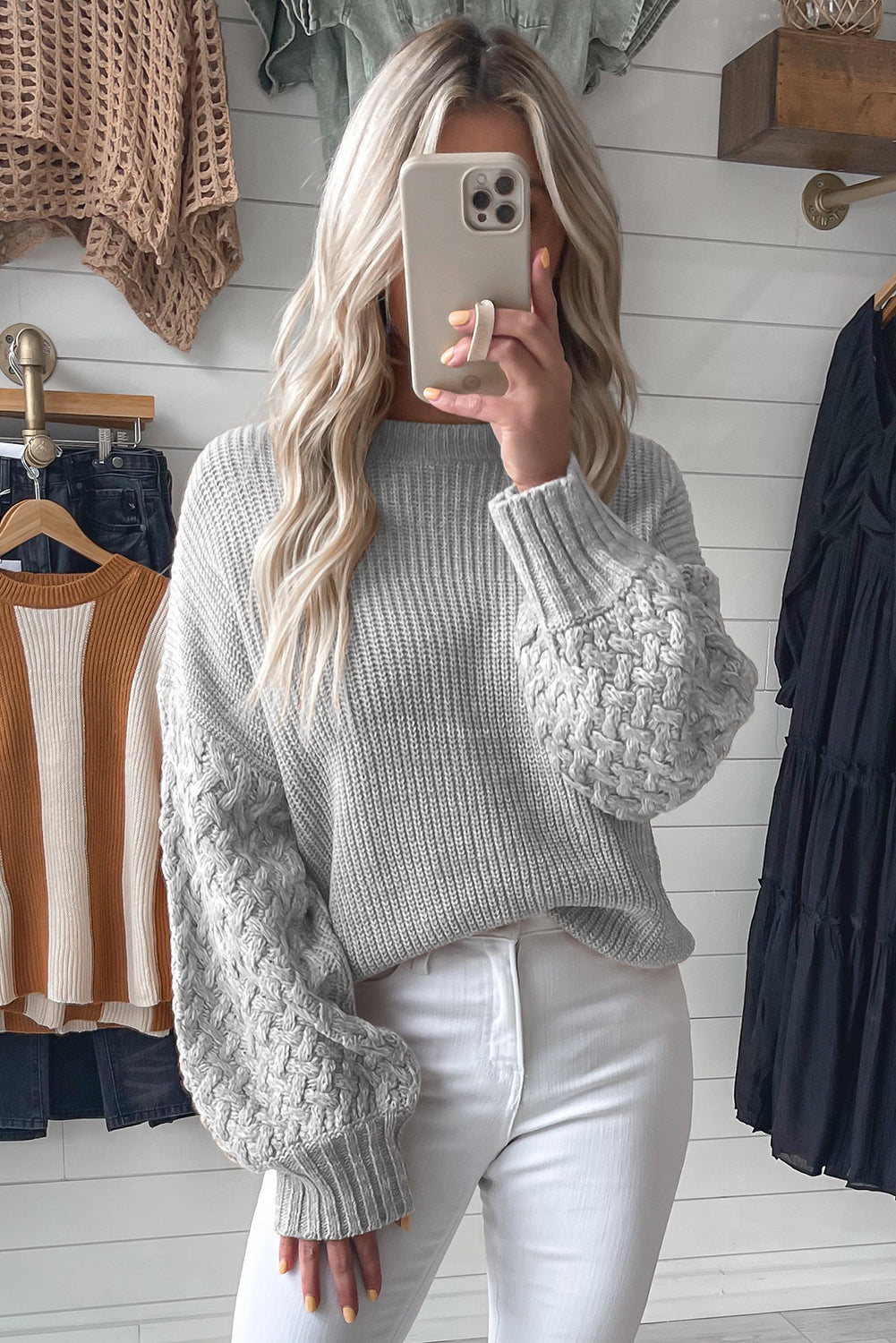 Sea Green Cable Knit Sleeve Drop Shoulder Sweater