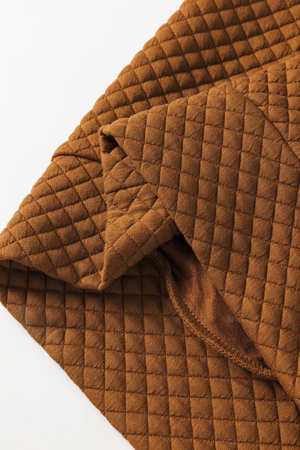 Brown Solid Color Quilted Puff Sleeve Pullover Sweatshirt