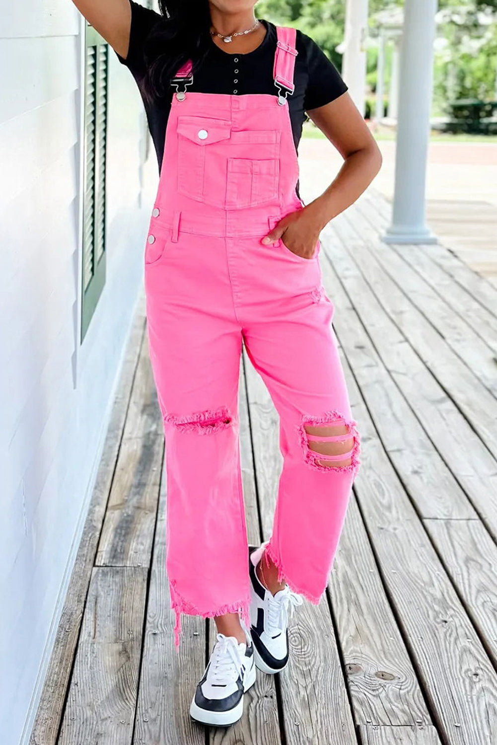 Polly Pink Distressed Overalls