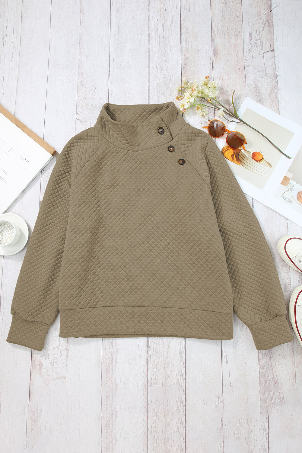 Brown Solid Color Quilted Puff Sleeve Pullover Sweatshirt